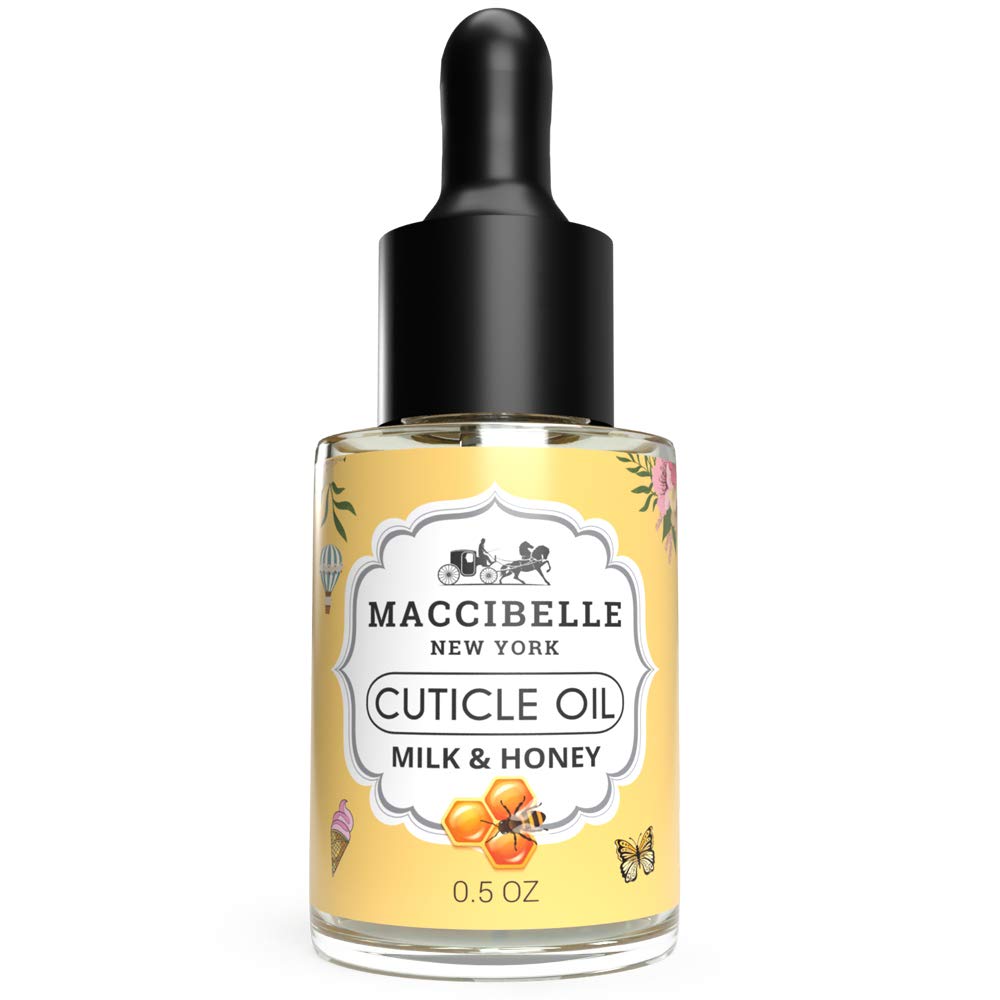 Maccibelle Cuticle Oil bottle with milk and honey scent for soothing moisture.