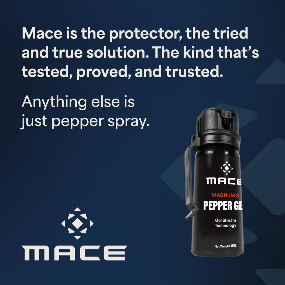 Mace Magnum 3 belt clip attached to waistband for easy reach.