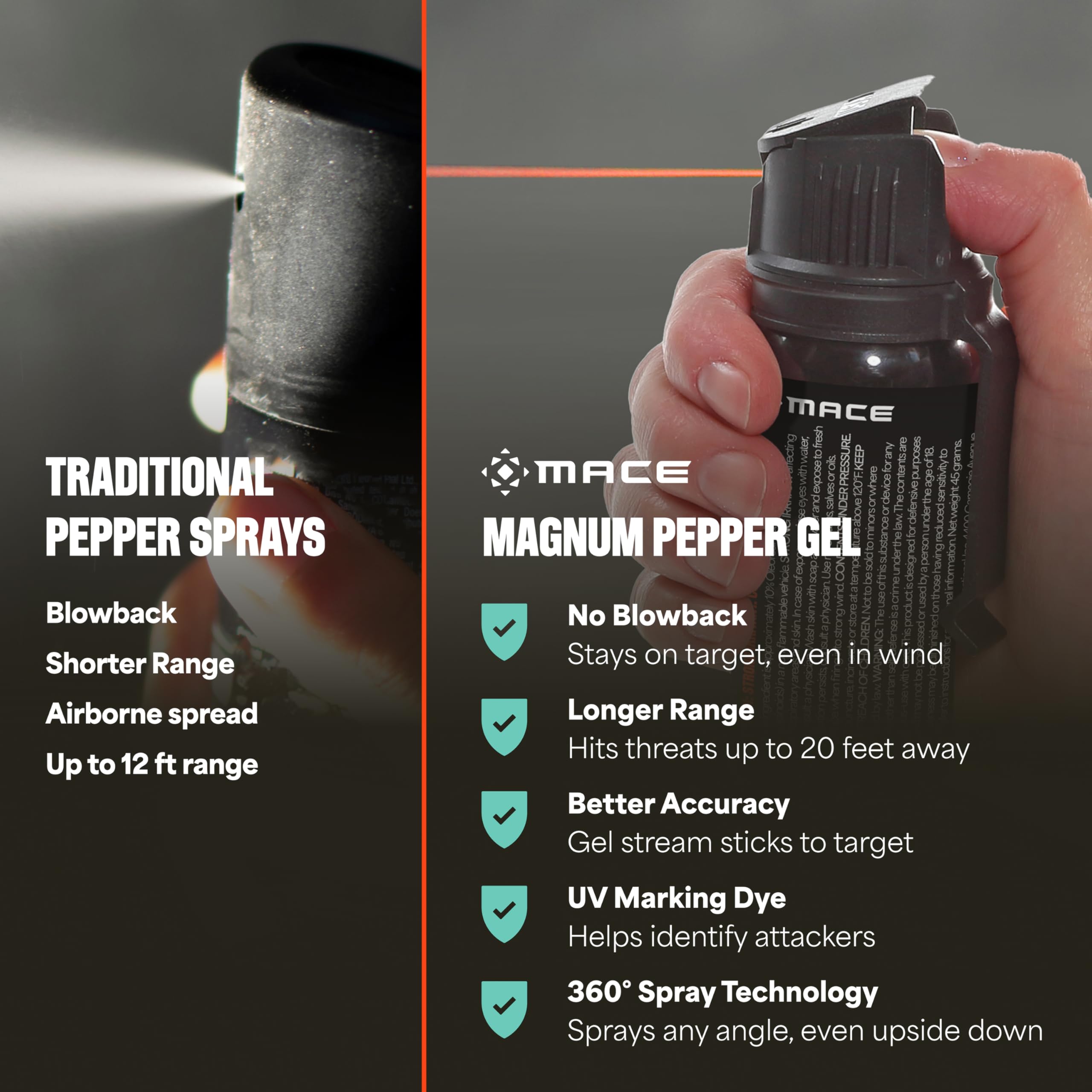 Mace Magnum 3 gel stream delivering precise spray up to 20 feet.
