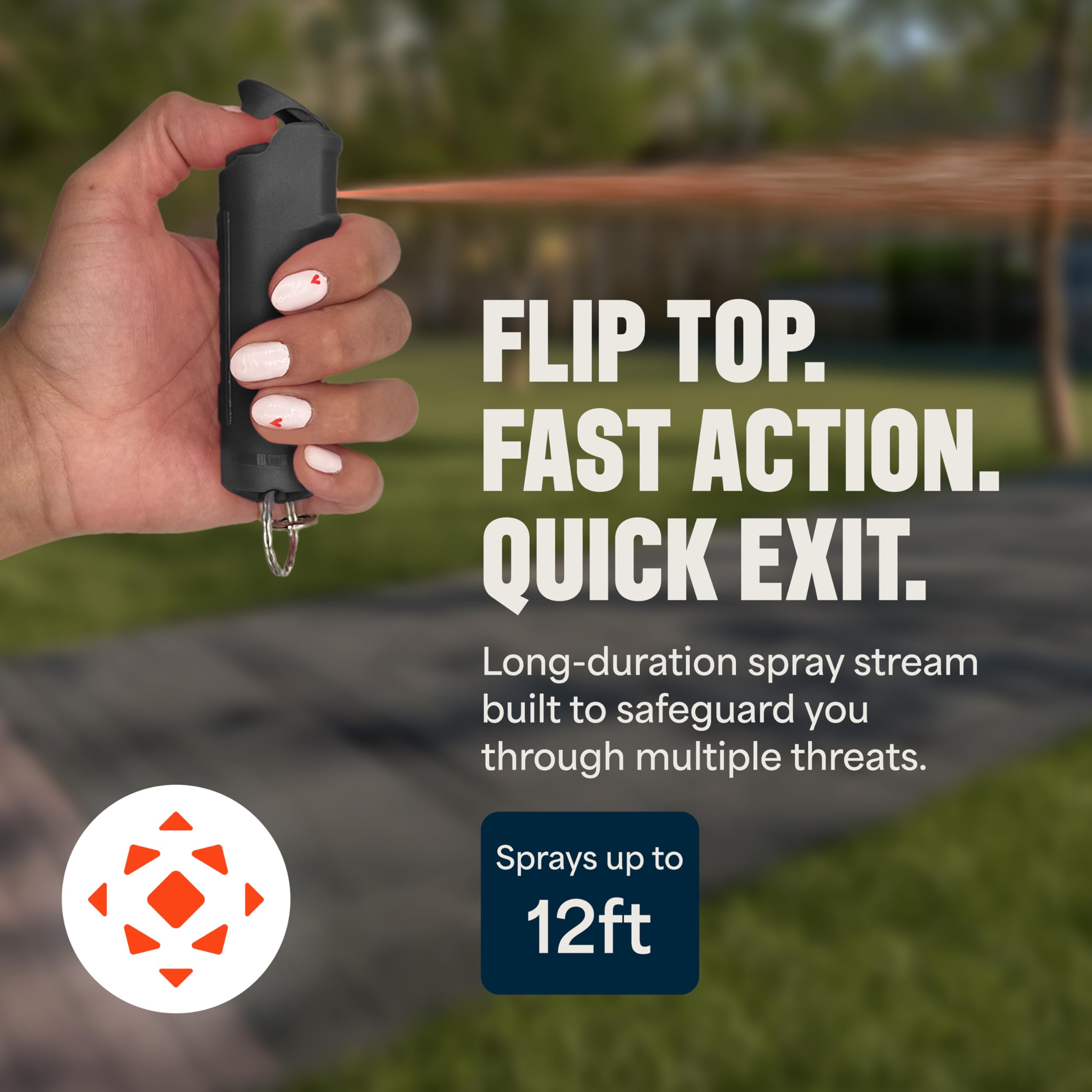 Mace Pepper Spray with flip-top safety cap enables quick, safe deployment.