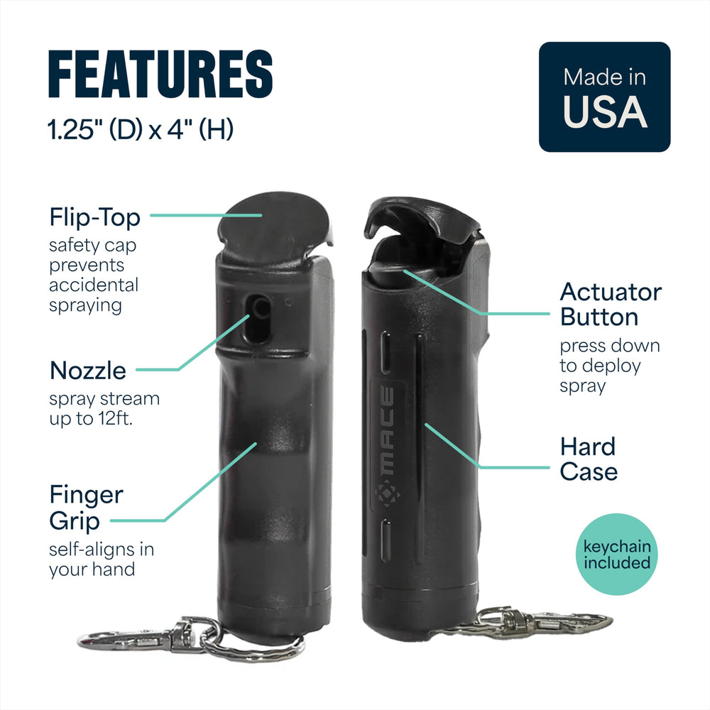 Mace Pepper Spray clip-on design is ready for purse, backpack, or belt.