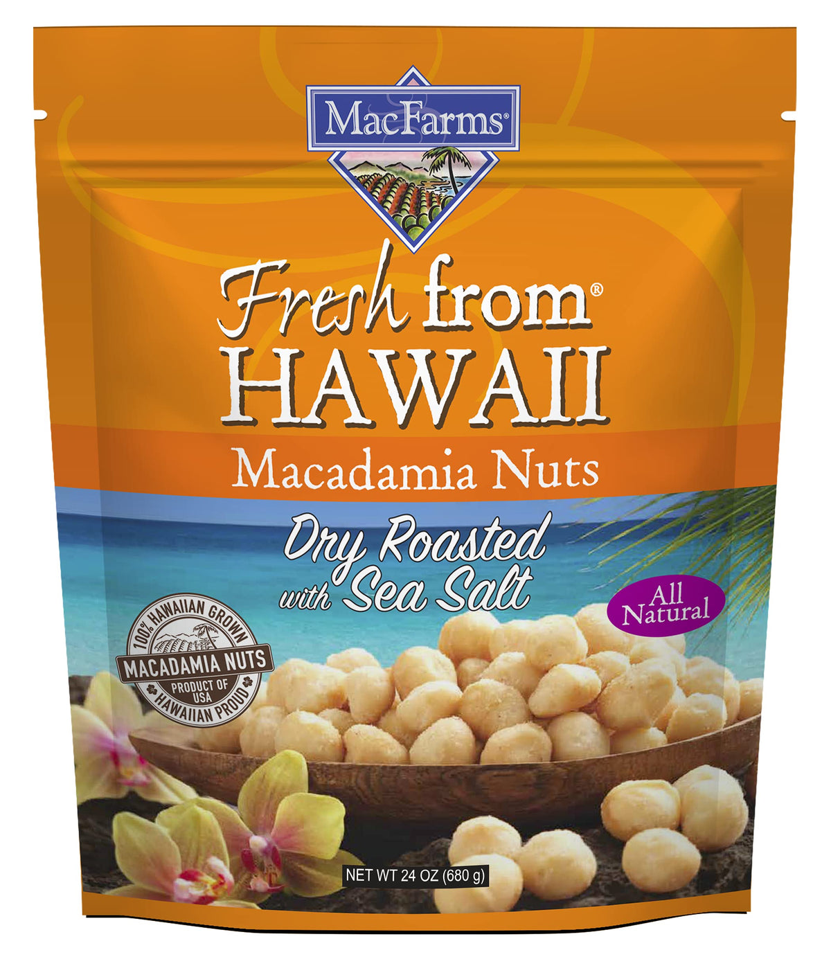 MacFarms dry roasted macadamia nuts in a 24oz bag, buttery crunch for snacking.