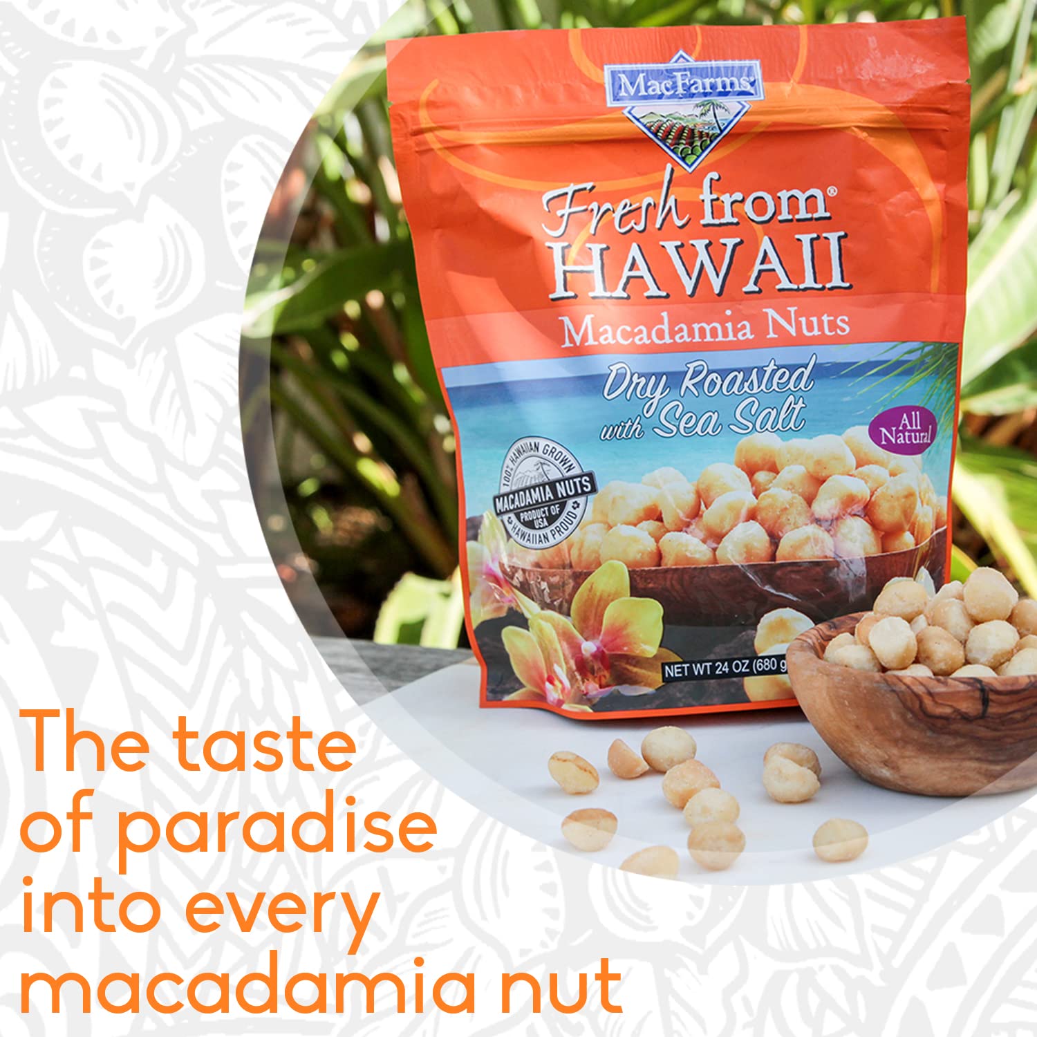 MacFarms macadamia nuts in bowl, versatile ingredient for recipes or snacking.