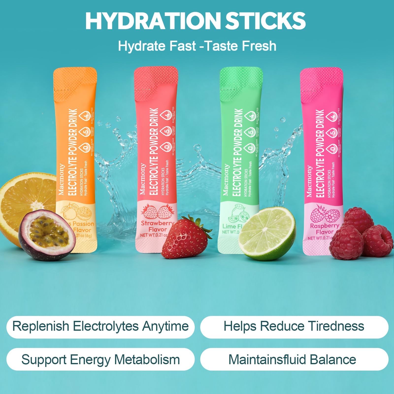 Macmony electrolyte blend label shows minerals for balanced hydration.