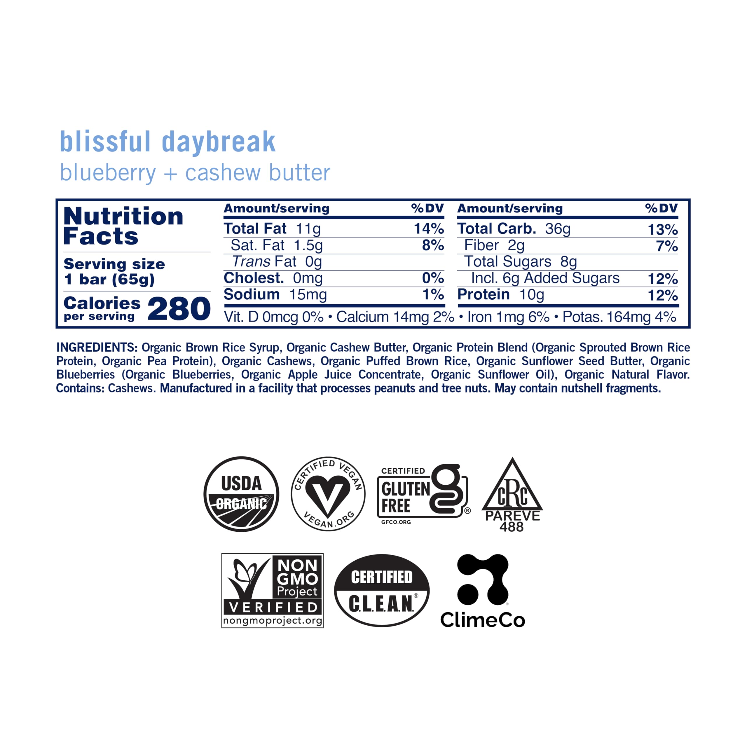 GoMacro MacroBar Blueberry Cashew Butter ingredients close-up, organic plant-based protein.