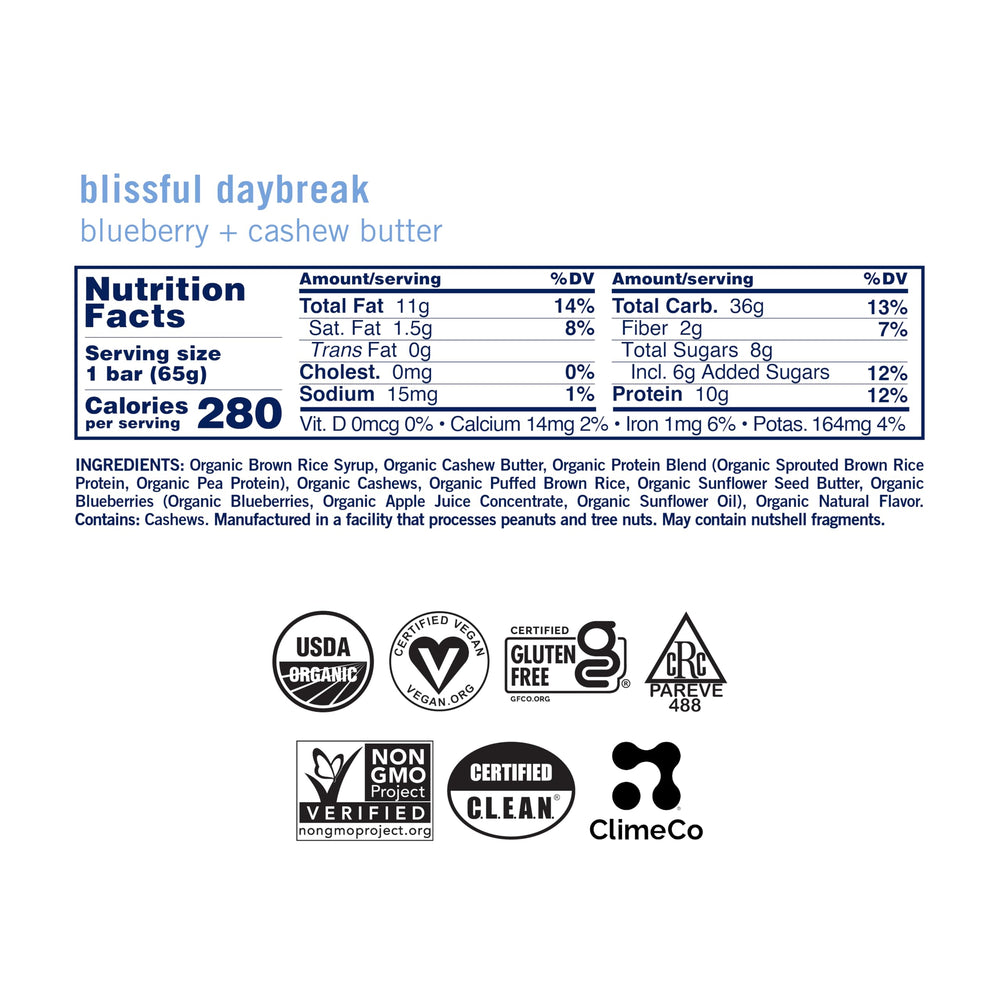 GoMacro MacroBar Blueberry Cashew Butter ingredients close-up, organic plant-based protein.