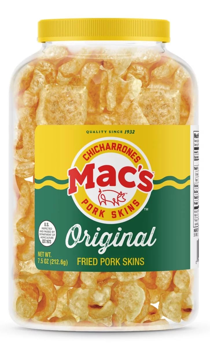 Mac's Pork Rinds Original canister showing a crispy gluten-free keto-friendly snack.