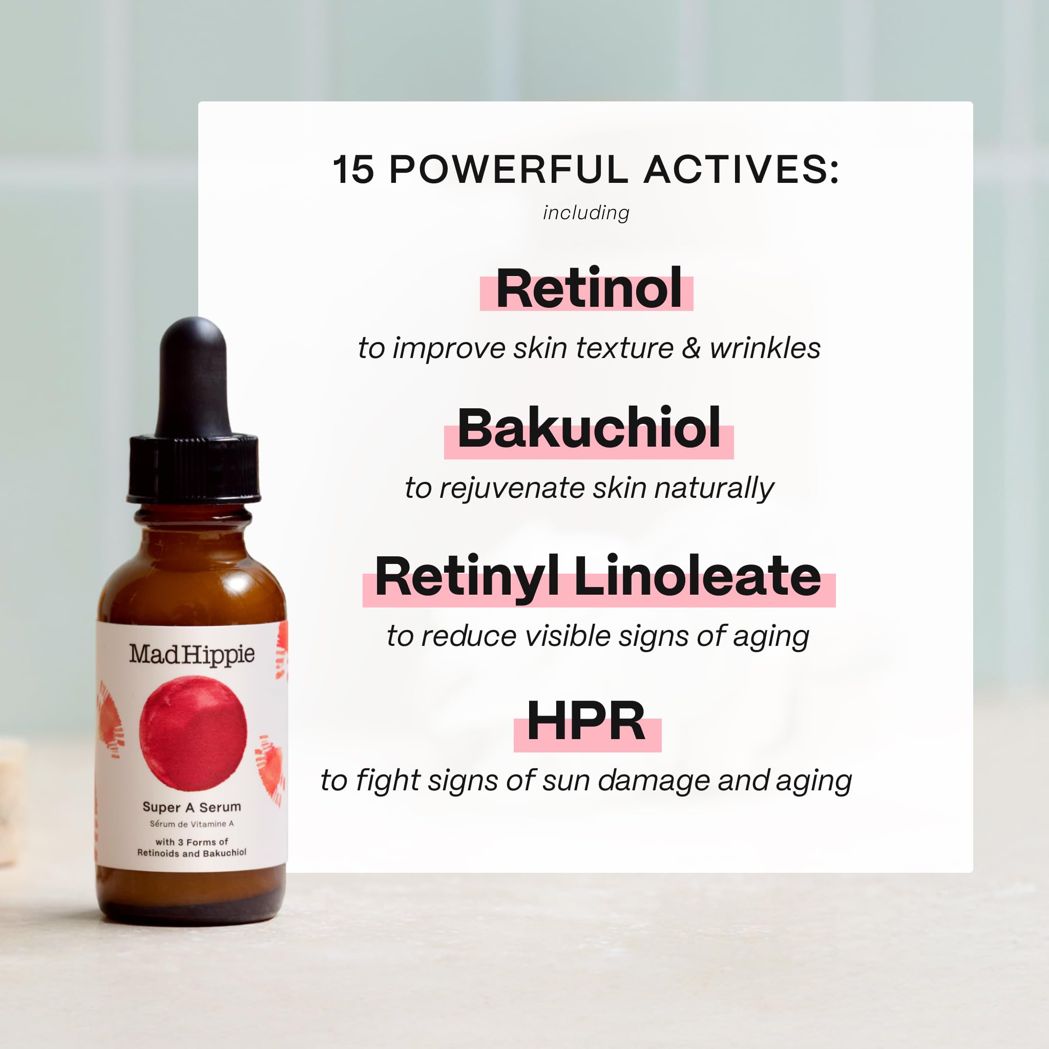 Mad Hippie Super A Serum pump action features easy nightly dosing.