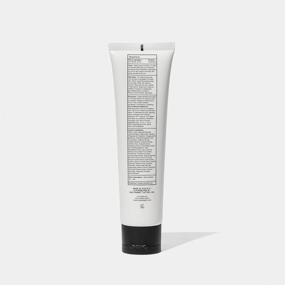 Mad Rabbit Defend sunscreen on tattoos helps maintain color and skin moisture.