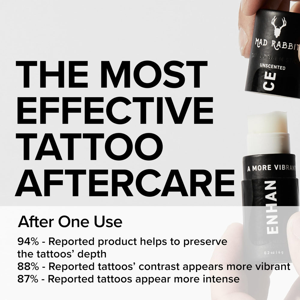Mad Rabbit Enhance Tattoo Balm Stick applied to tattoo or skin for protective moisture