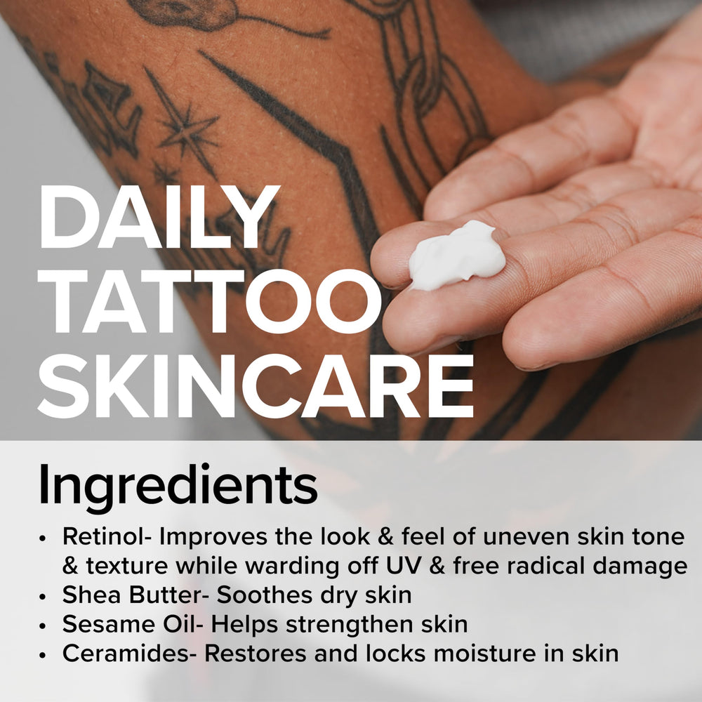 Mad Rabbit Replenish applying lotion to tattooed skin after shower