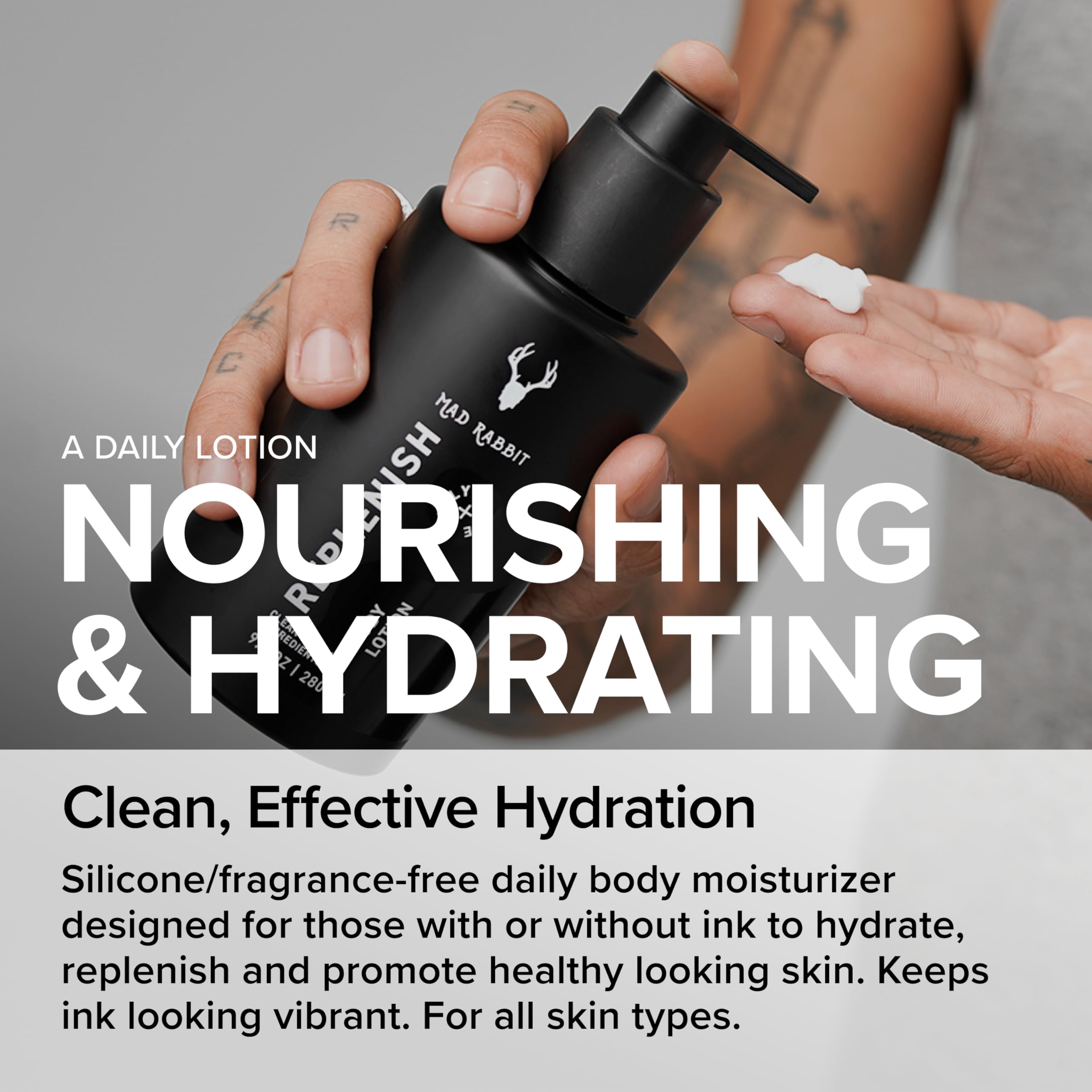 Mad Rabbit Replenish label highlights fragrance-free silicone-free formula for sensitive skin