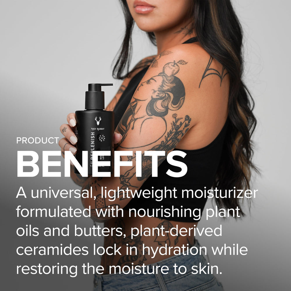 Mad Rabbit Replenish lotion texture close-up shows lightweight non-greasy skin feel