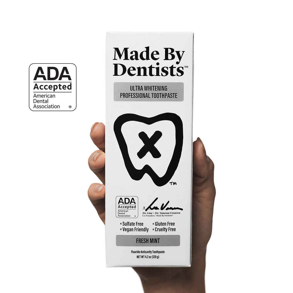 Made by Dentists ADA seal closeup signaling trusted cosmetic whitening.