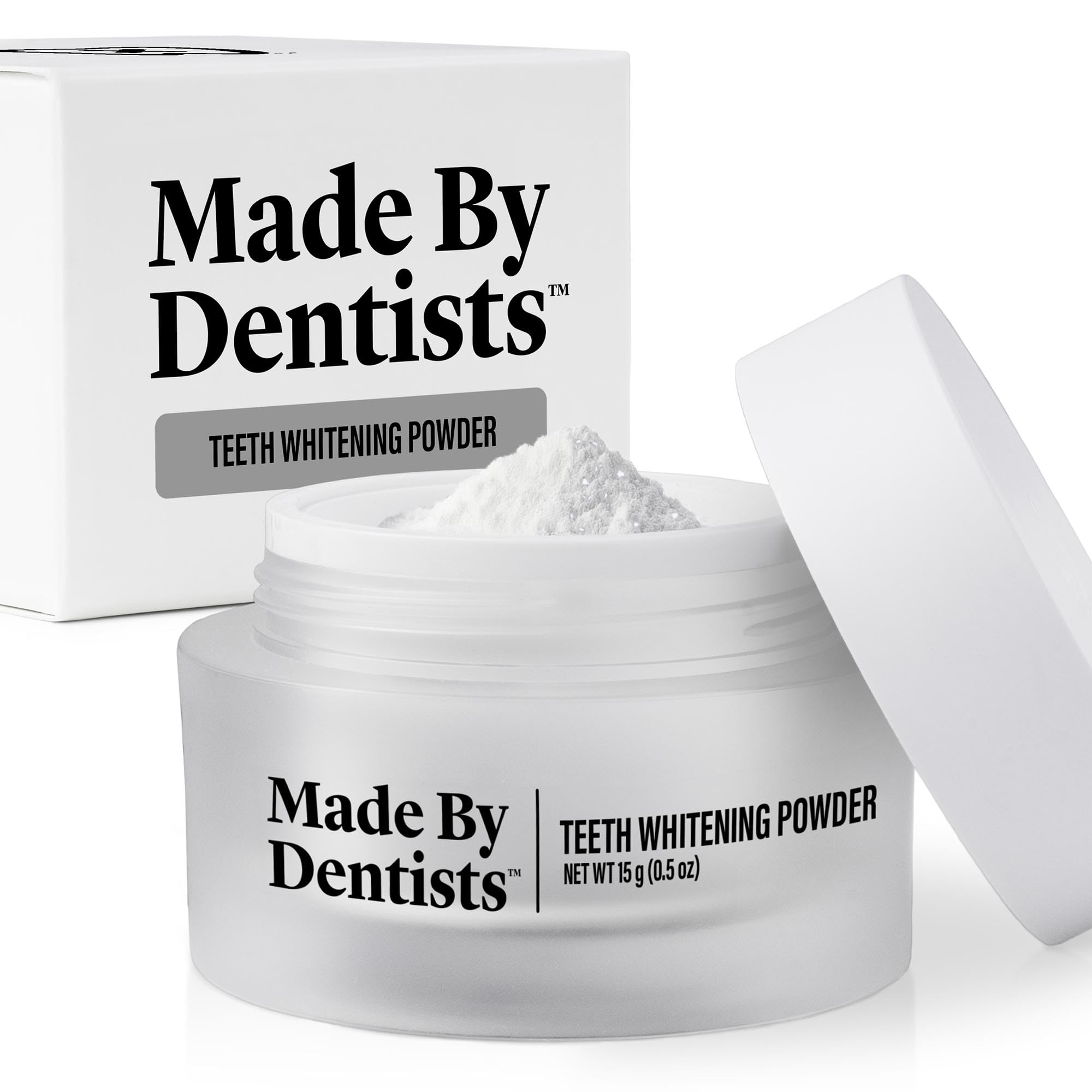 Made by Dentists powder bottle shows a home whitening solution for easy use