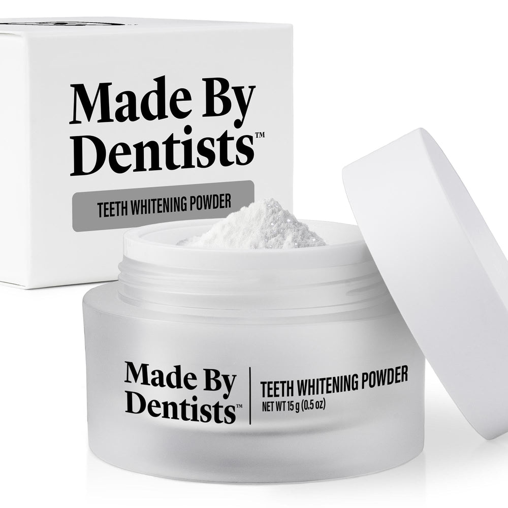 Made by Dentists powder bottle shows a home whitening solution for easy use