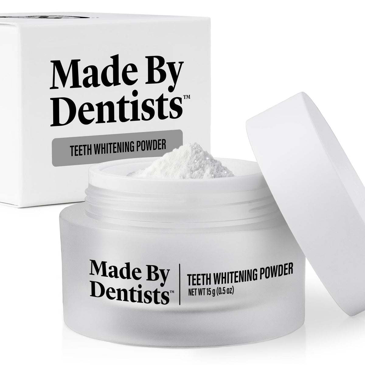 Made by Dentists powder bottle shows a home whitening solution for easy use