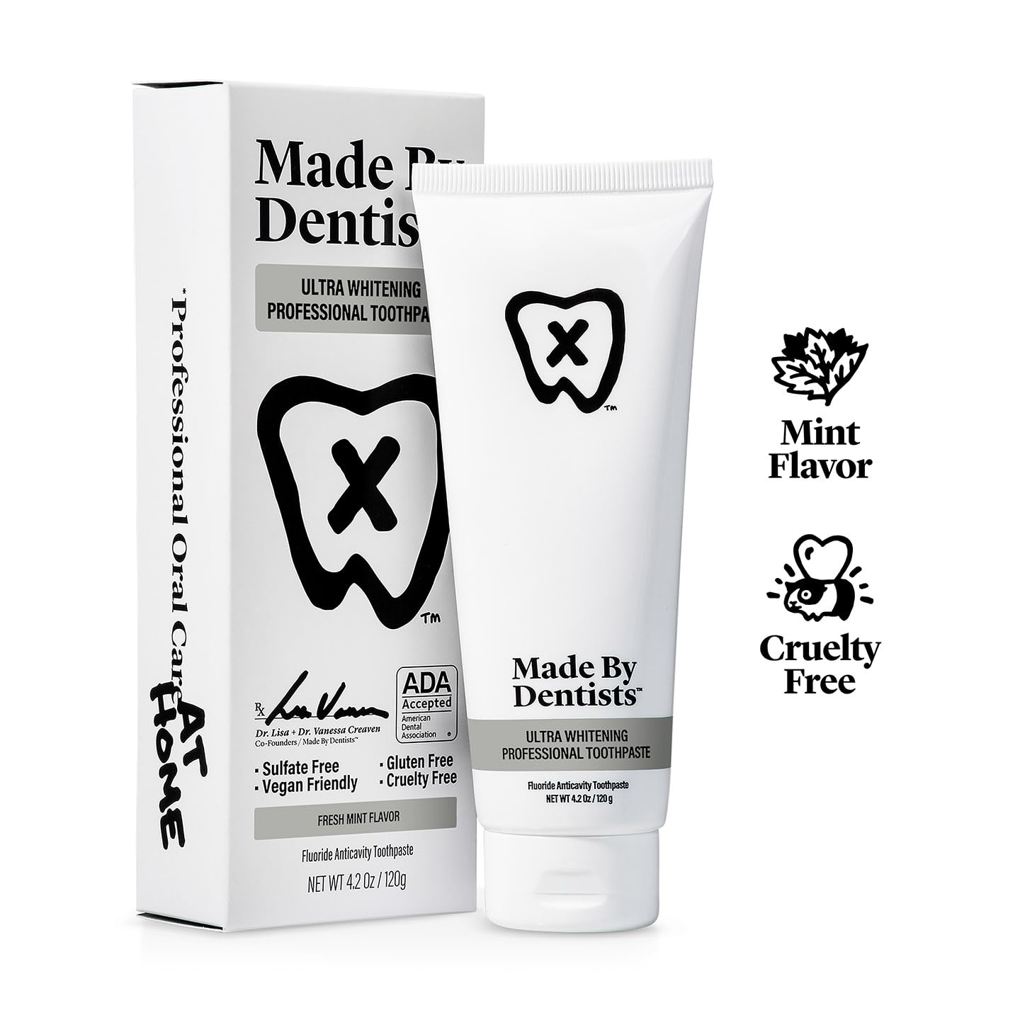 Made by Dentists vegan packaging closeup emphasizing cruelty-free ingredients.