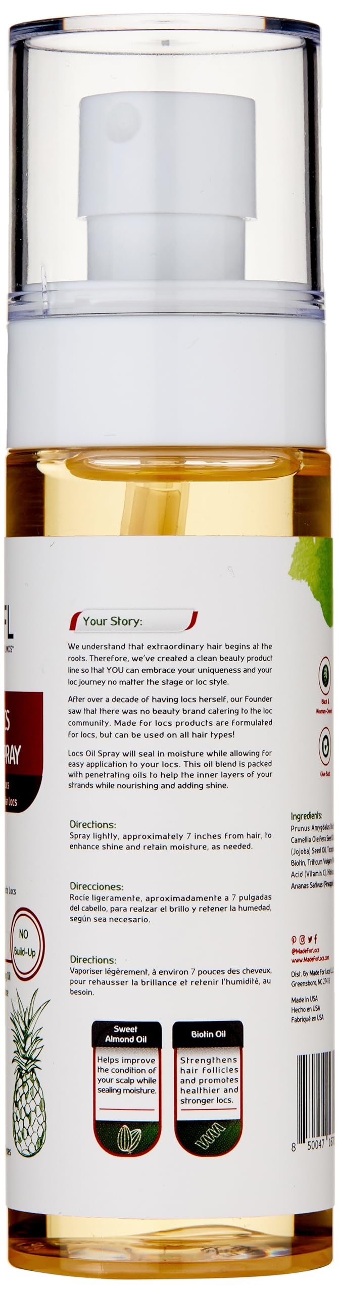 MFL Made For Locs vegan oil spray dispenser shown for even mist application