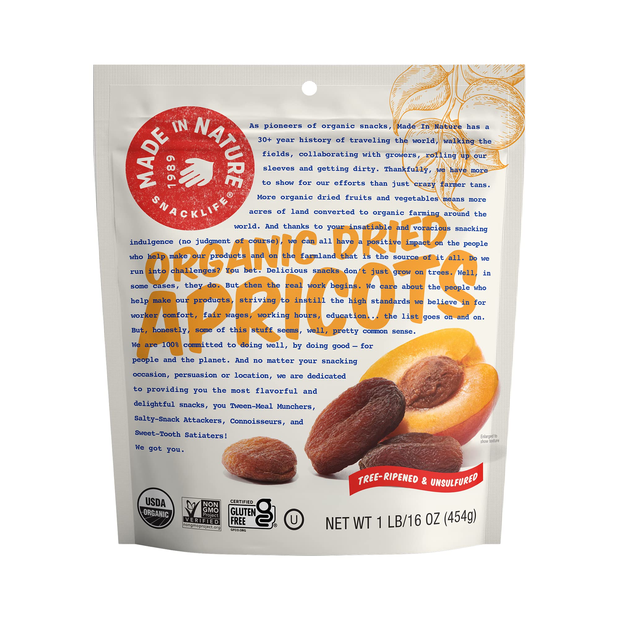 Made In Nature organic dried apricots in resealable bag for easy snacking