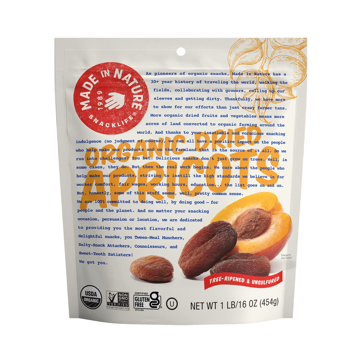 Made In Nature organic dried apricots in resealable bag for easy snacking