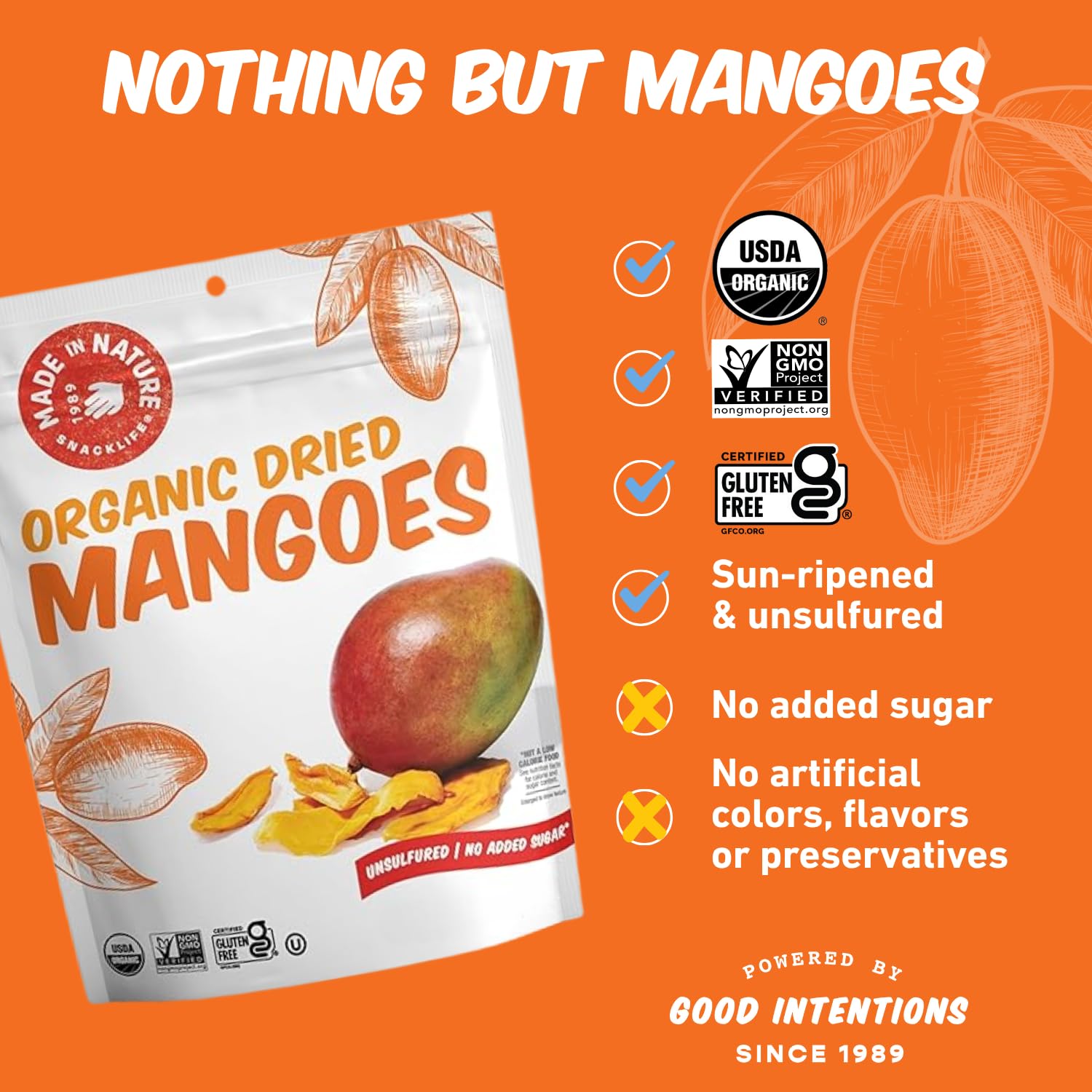 Made In Nature vegan snack packaging shown for plant-based, gluten-free energy any time.