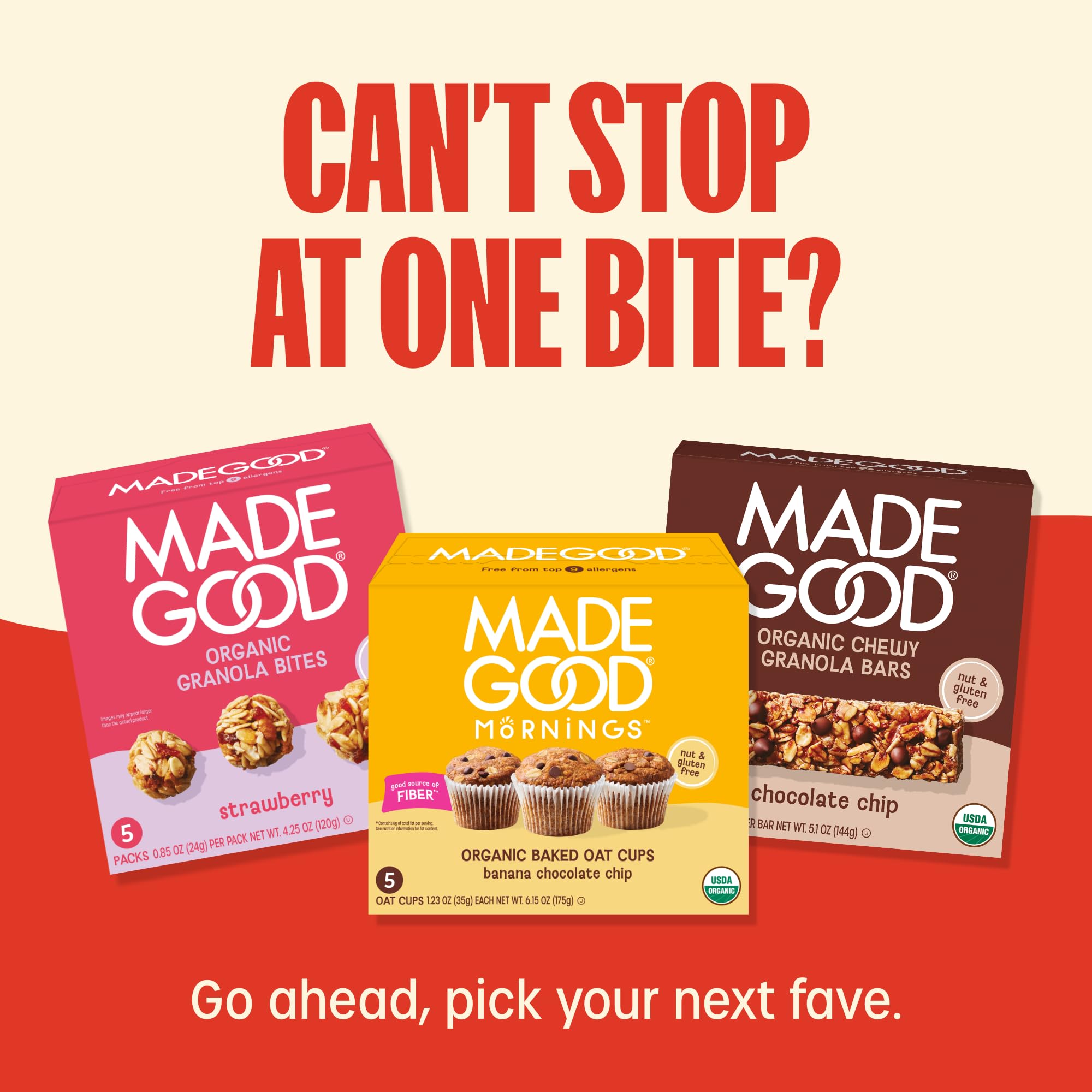MadeGood Certifications Organic Gluten-Free Non-GMO bars.