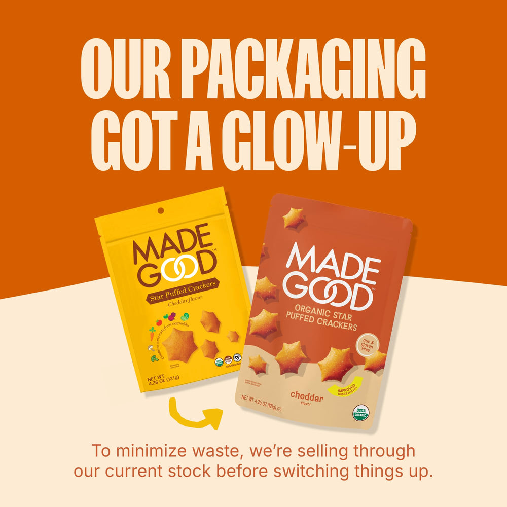 MadeGood Cheddar Star Puffed Crackers nut-free facility highlight, safe for allergy-conscious kitchens.