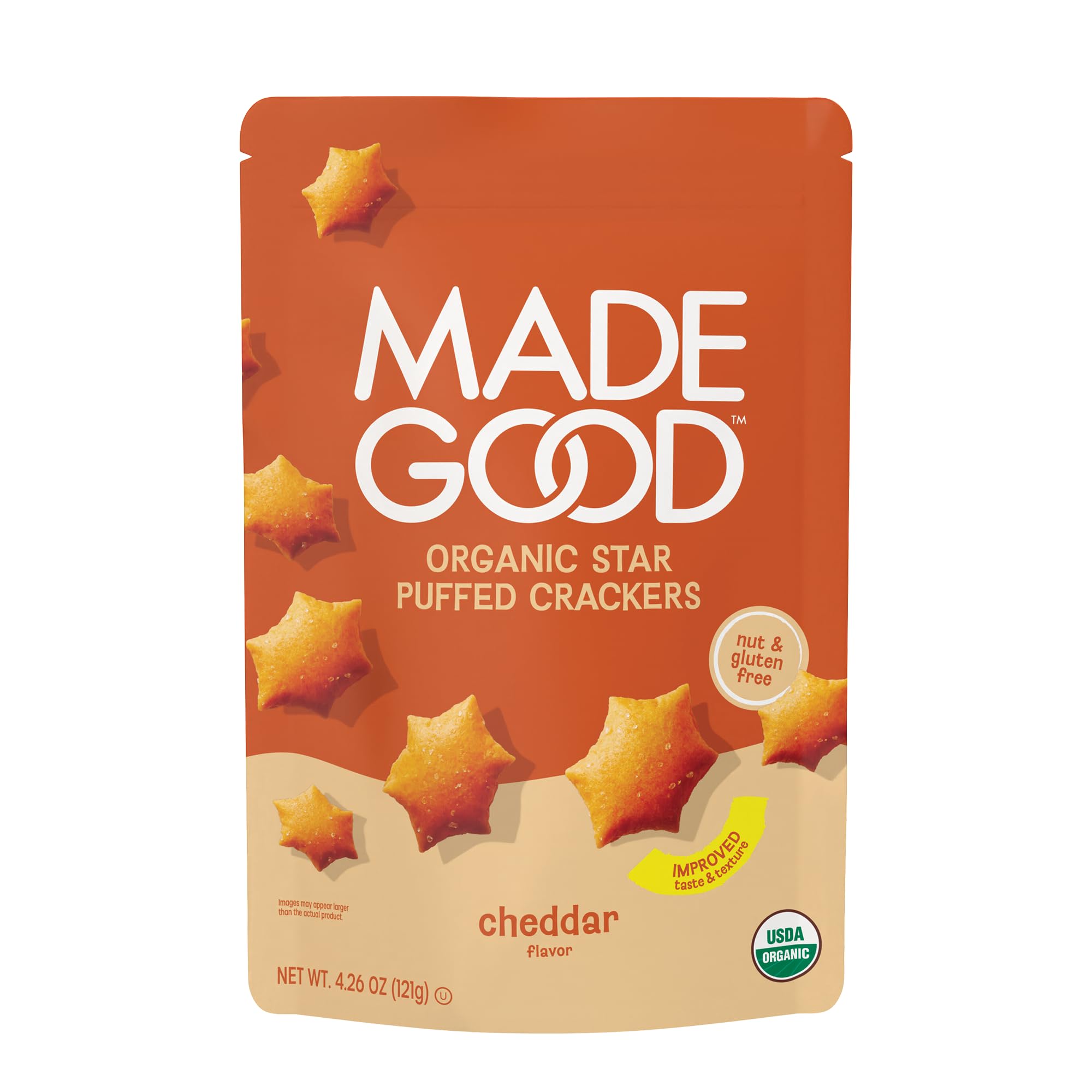 MadeGood Cheddar Star Puffed Crackers packfront showing a shareable organic snack.