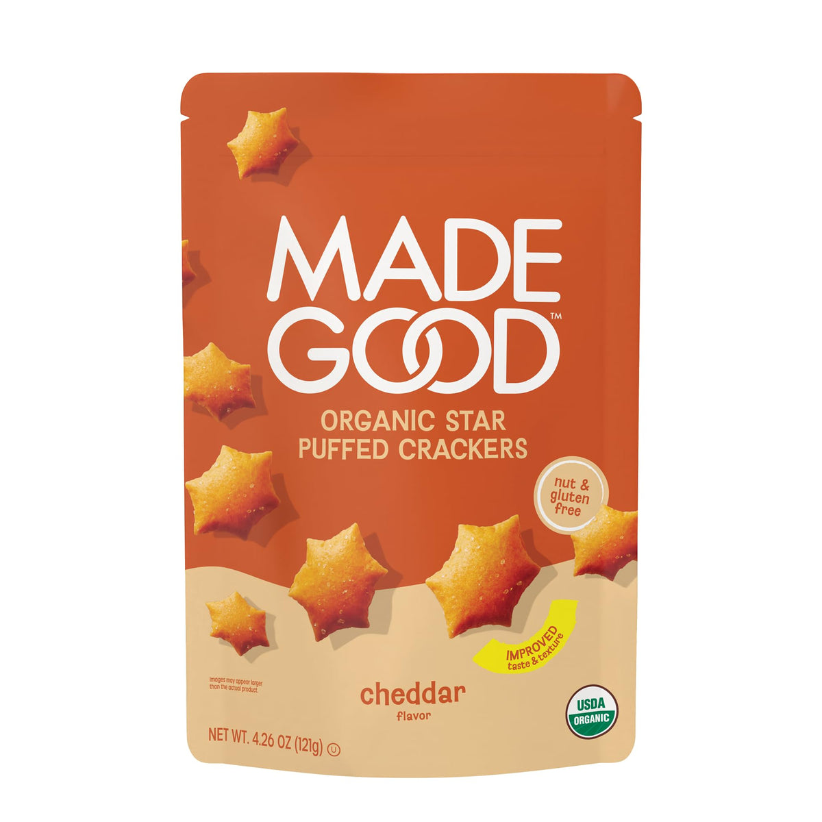MadeGood Cheddar Star Puffed Crackers packfront showing a shareable organic snack.