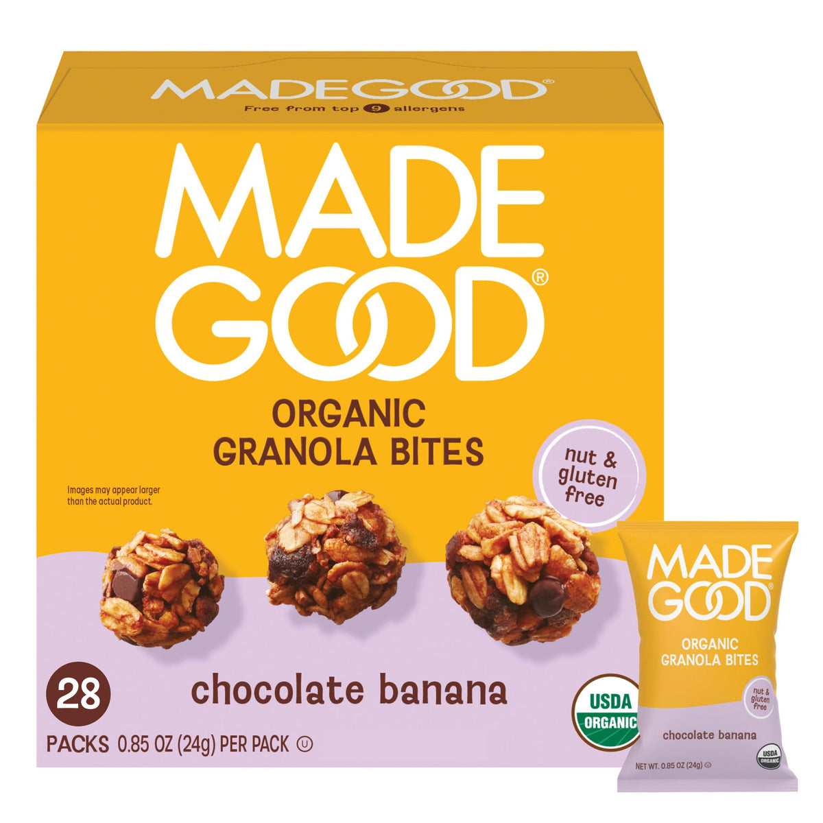 MadeGood Chocolate Banana Granola Bites pack with 28 pouches for convenient snacking.