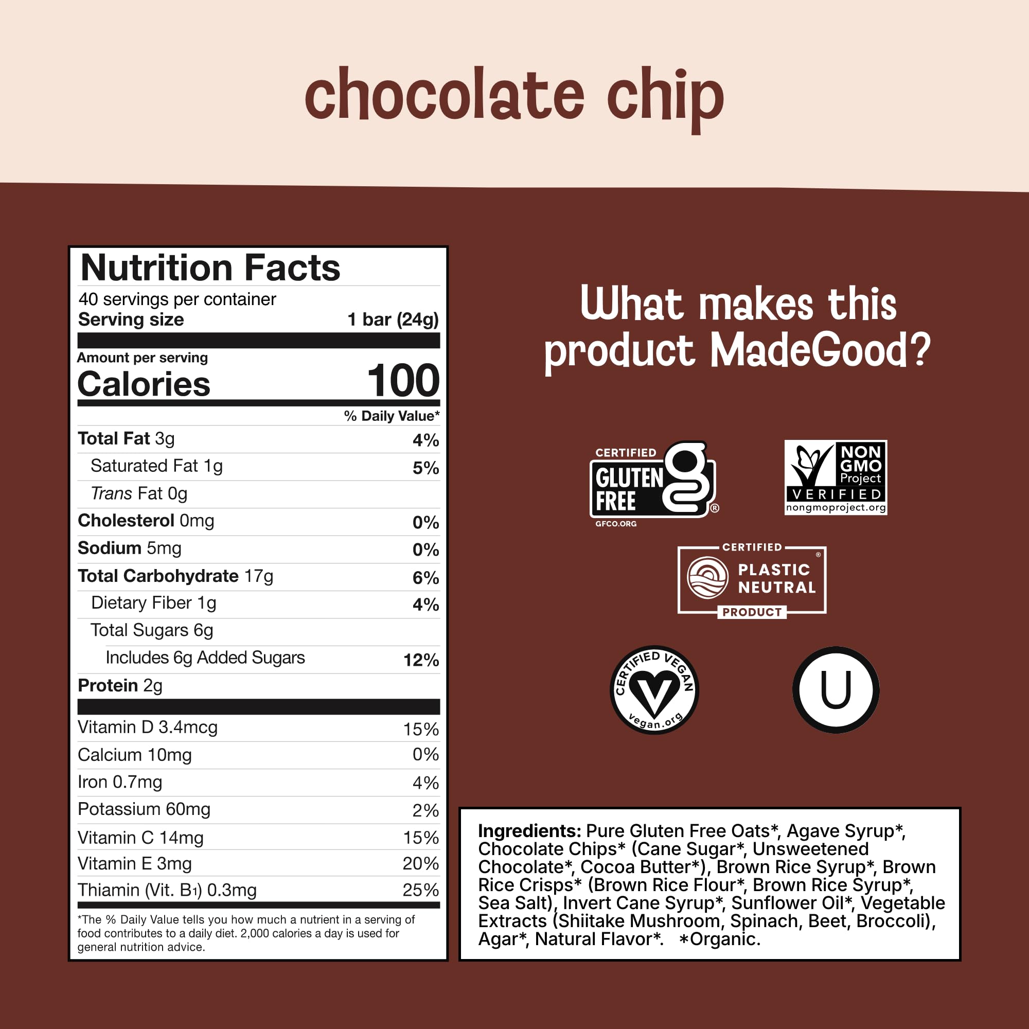 Close-up of chocolate chips and oats in MadeGood bars highlighting texture.