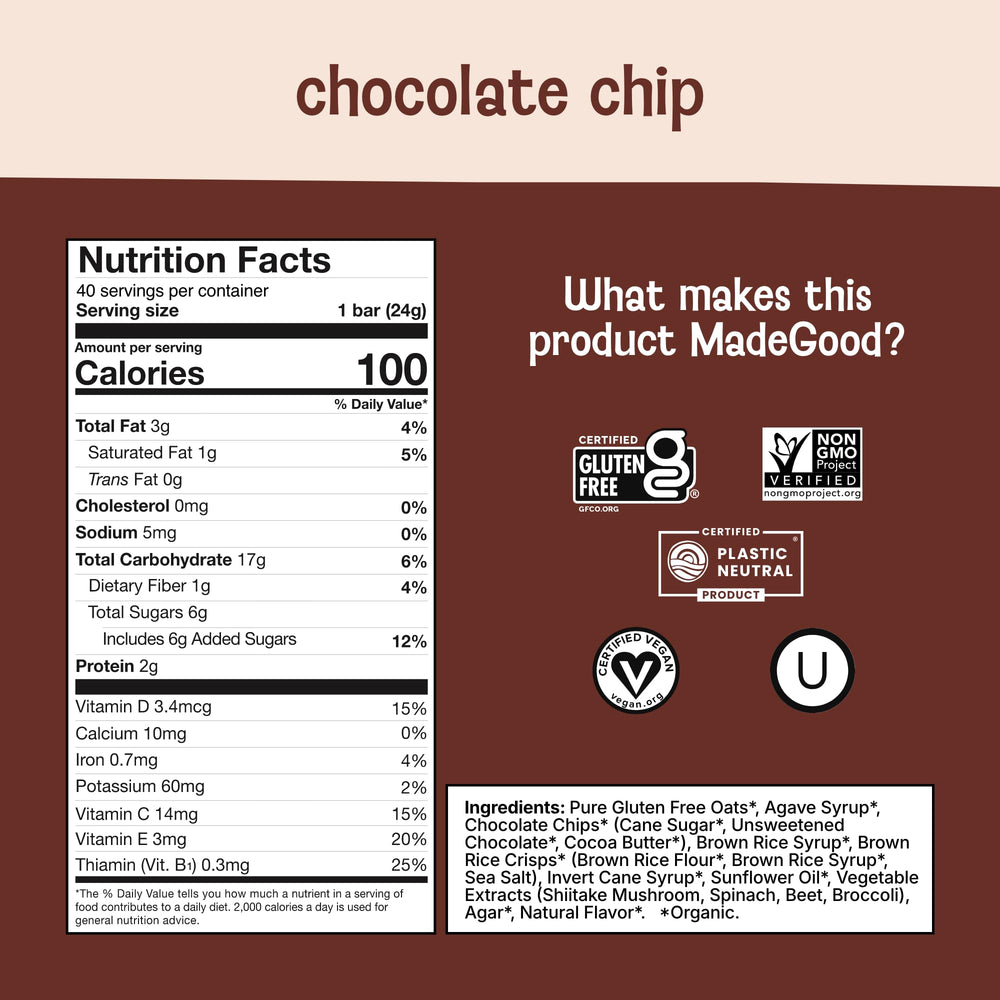Close-up of chocolate chips and oats in MadeGood bars highlighting texture.