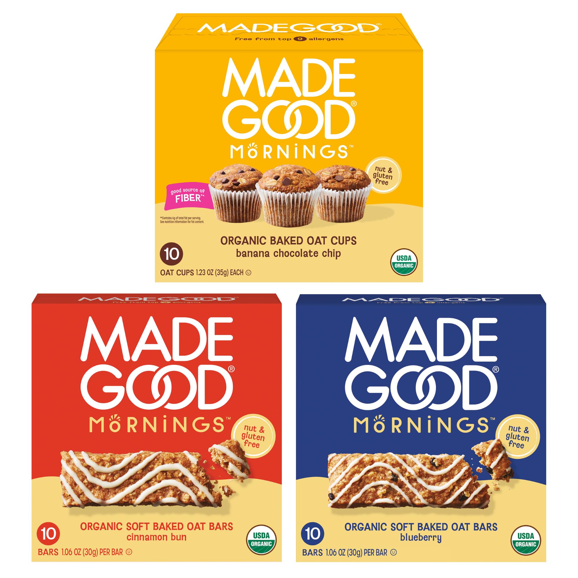 MadeGood Mornings banana chocolate chip oat cup close-up for quick morning fuel.