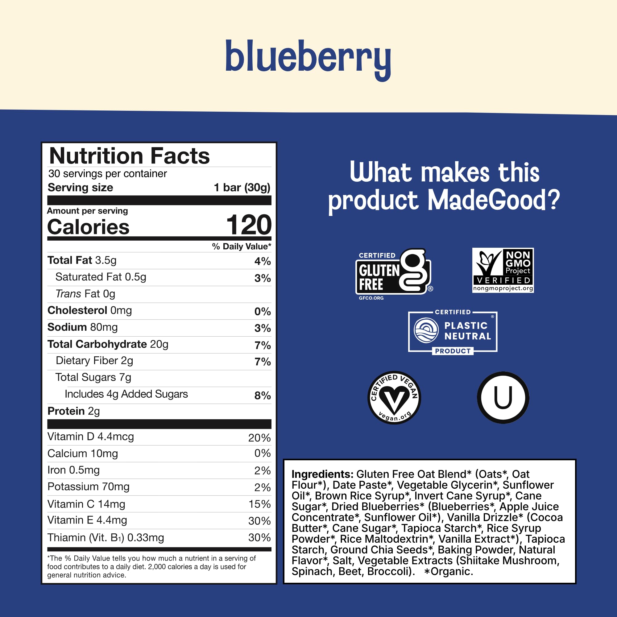 Close-up of MadeGood Mornings blueberry soft baked bar showing soft texture and gluten-free oats.