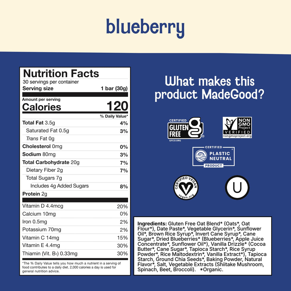 Close-up of MadeGood Mornings blueberry soft baked bar showing soft texture and gluten-free oats.