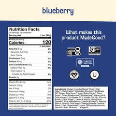 Close-up of MadeGood Mornings blueberry soft baked bar showing soft texture and gluten-free oats.