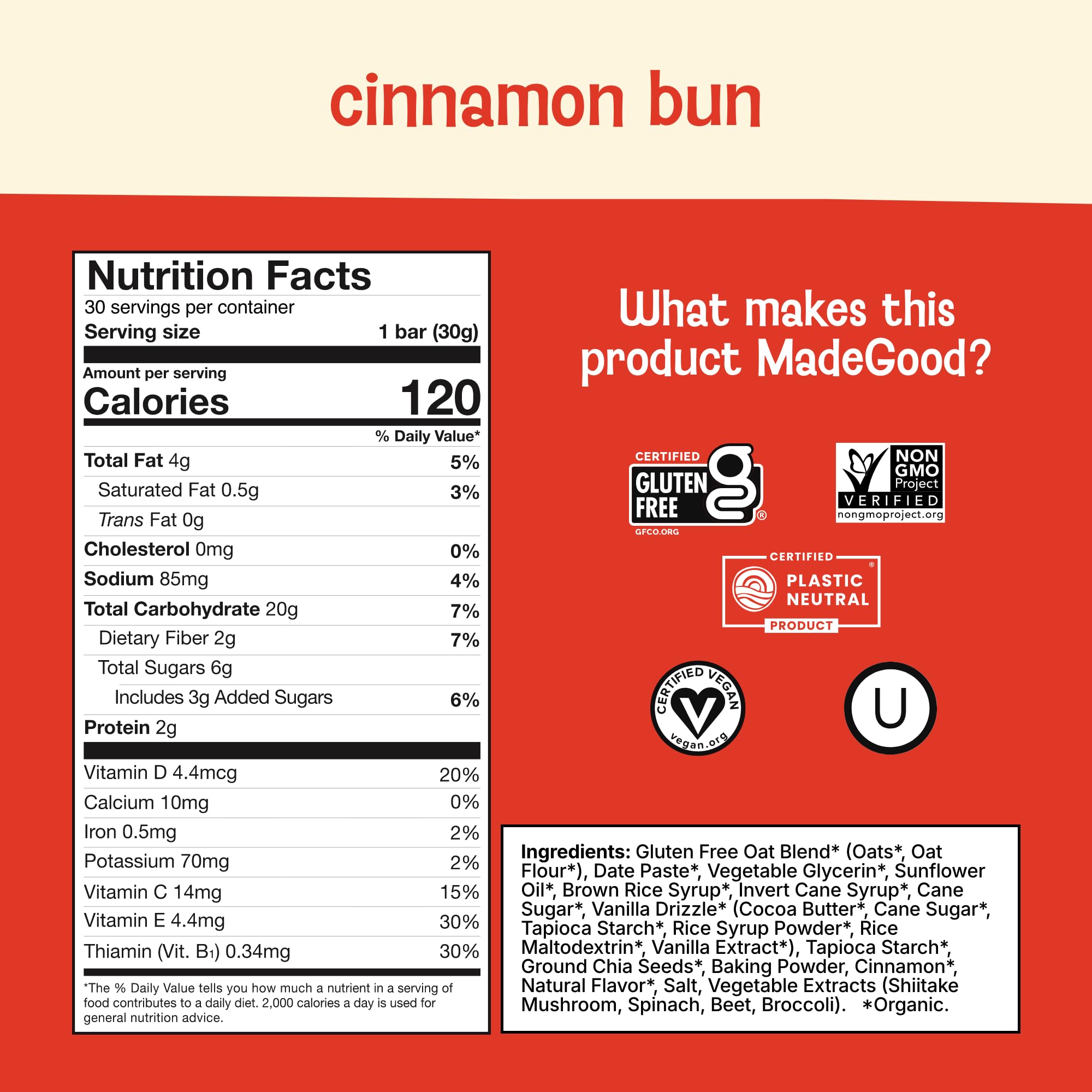 MadeGood Mornings Cinnamon Bun bar individually wrapped for on-the-go snacking.