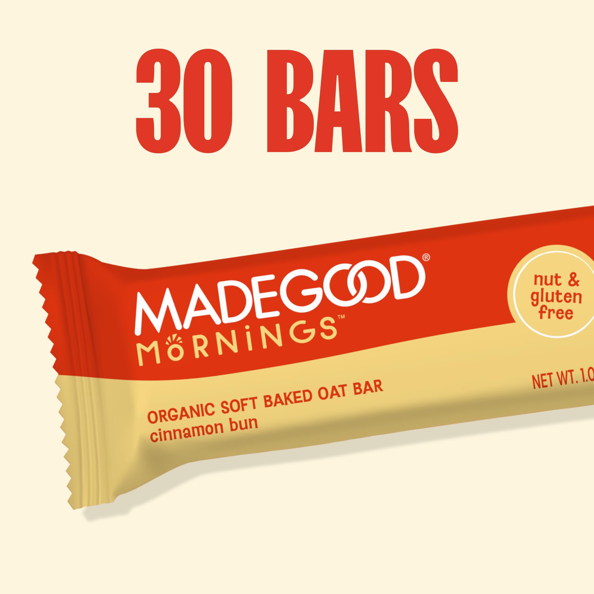 MadeGood Mornings Cinnamon Bun bar nutrition panel features six vegetable extracts.