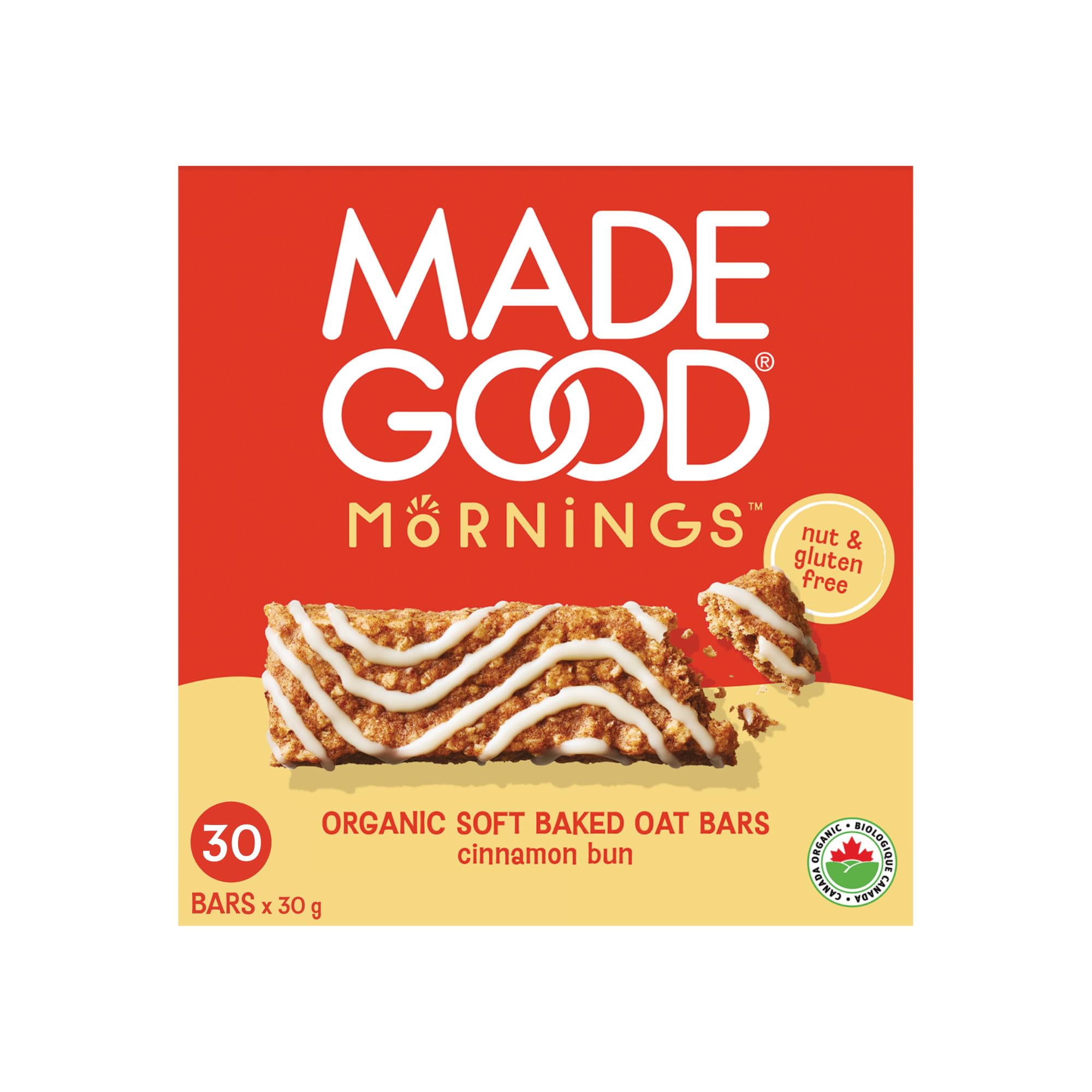 MadeGood Mornings Cinnamon Bun bar packaging highlights gluten-free, organic snack option.