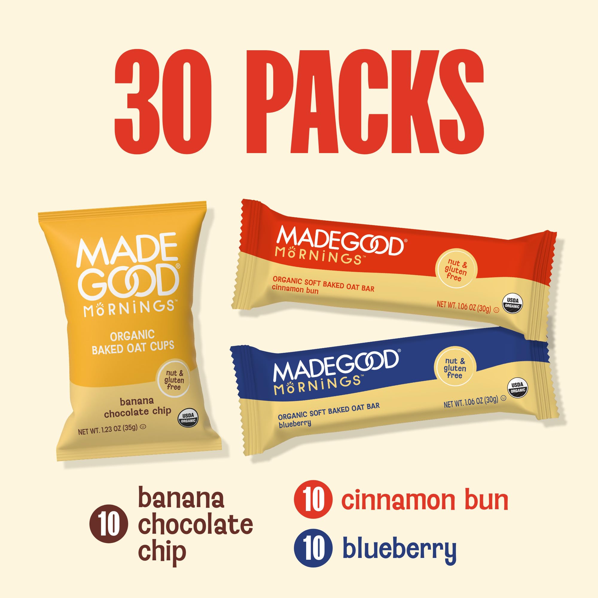 MadeGood Mornings on-the-go snack pack image suggests easy backpack or gym bag use.