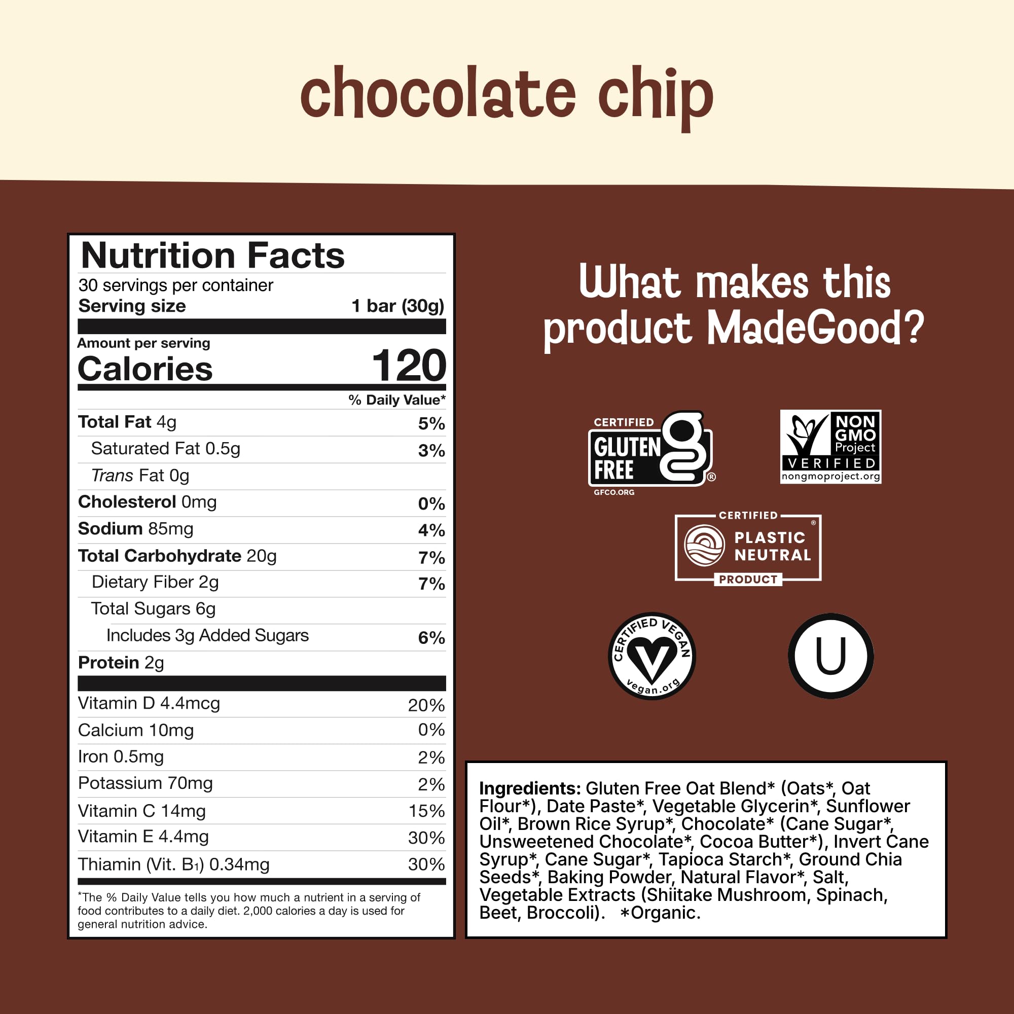 MadeGood Mornings bar close-up with visible chocolate chips and oats