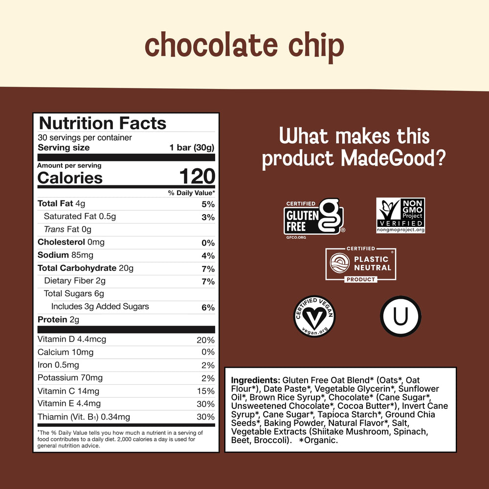 MadeGood Mornings bar close-up with visible chocolate chips and oats