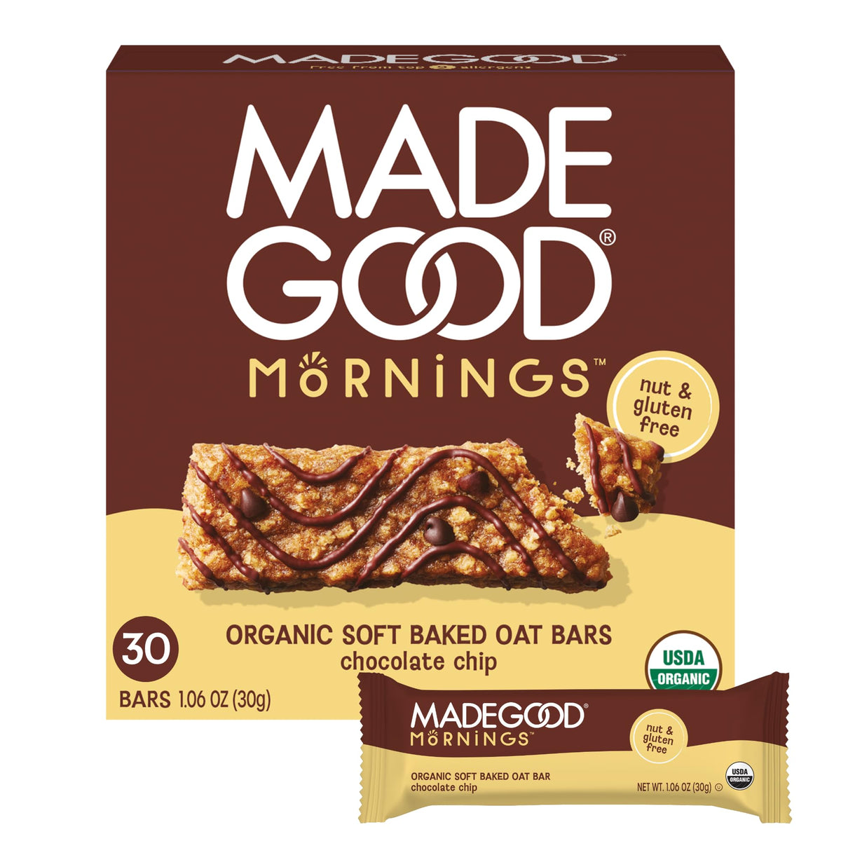 MadeGood Mornings chocolate chip soft baked bar packaging front, gluten free and organic