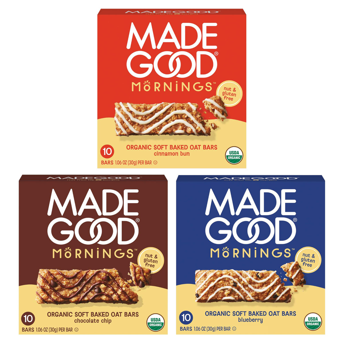 MadeGood Mornings Chocolate Chip bars in the variety pack for on-the-go breakfast.