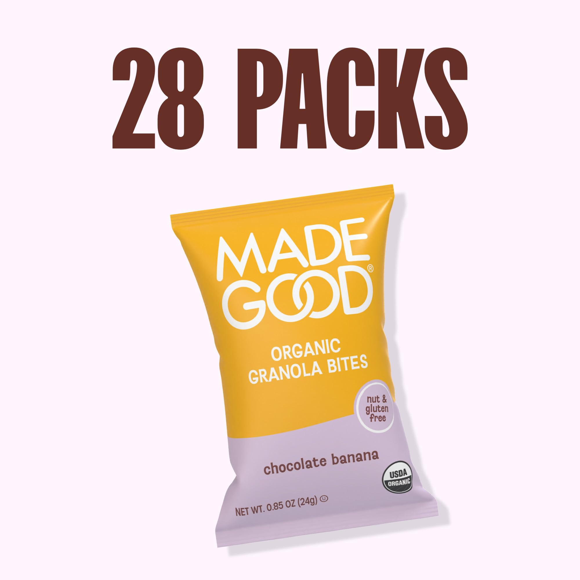 MadeGood Organic Chocolate Banana Granola Bites in a family snack scene.