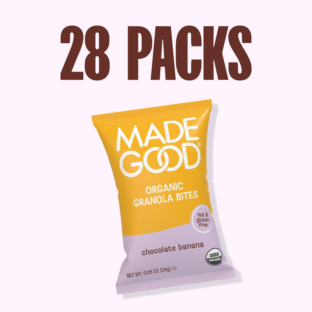 MadeGood Organic Chocolate Banana Granola Bites in a family snack scene.