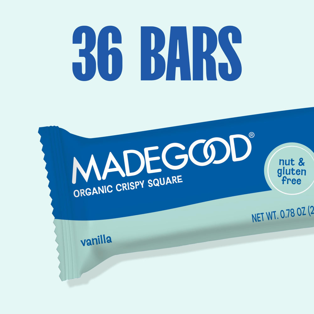 MadeGood Vanilla Crispy Squares bite captures creamy vanilla with crunchy rice.