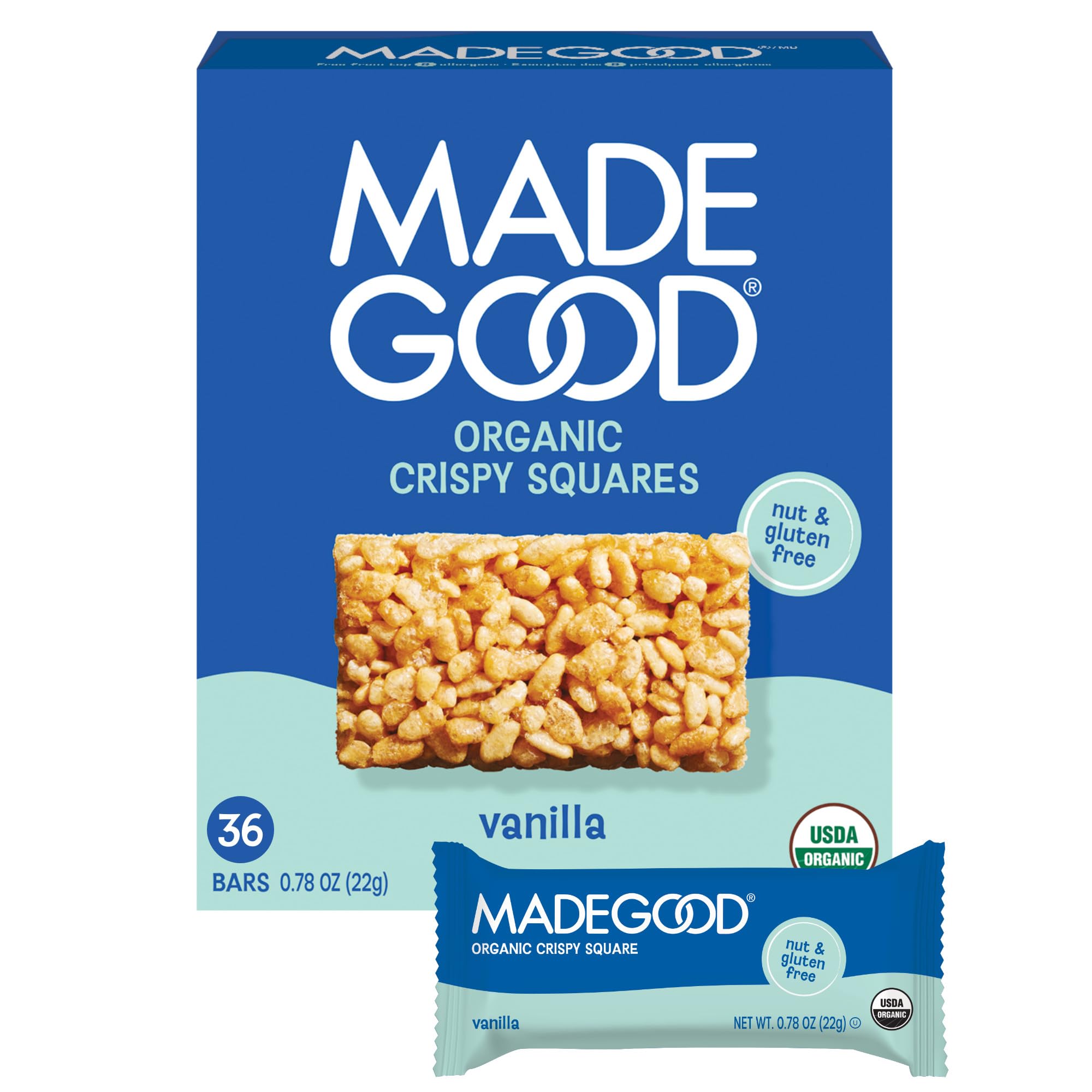 MadeGood Vanilla Crispy Squares box, gluten-free and organic, ideal for lunchbox snacks.