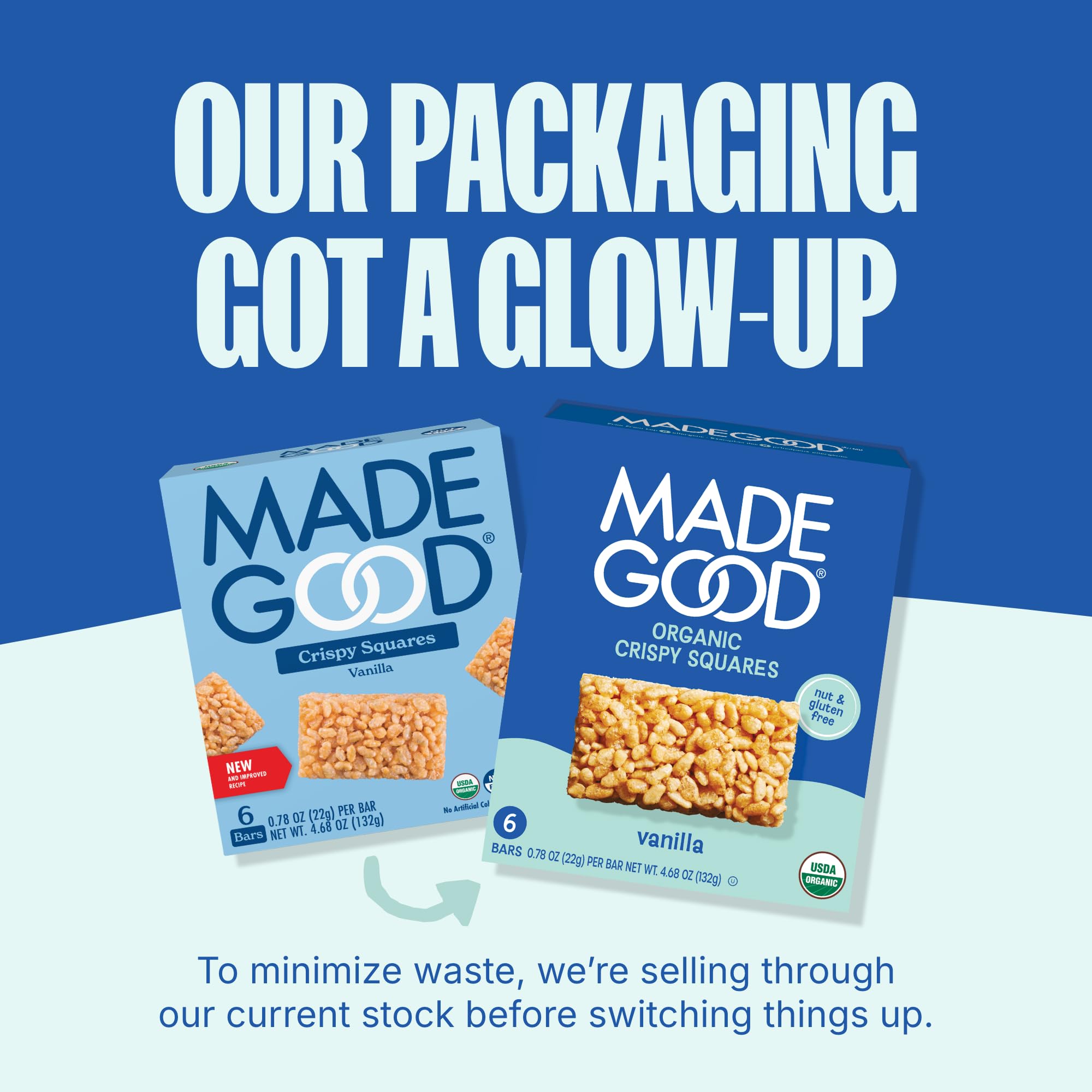 MadeGood Vanilla Crispy Squares on shelf suggest a wholesome, convenient snack option.